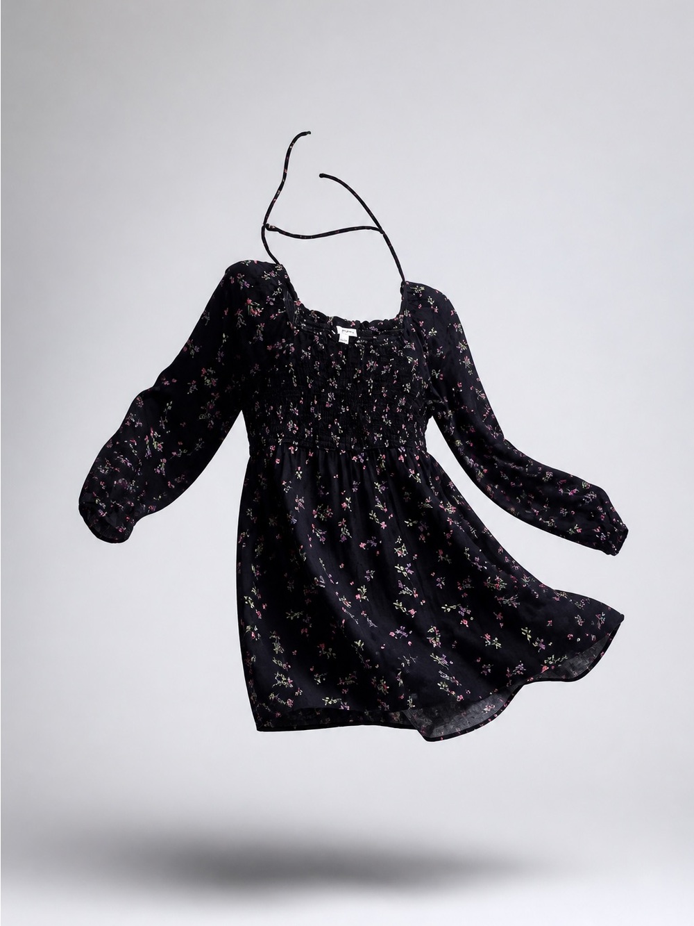 Sonoma Black Floral Peasant Top Medium Smocked Square Neck Long Sleeve Rayon